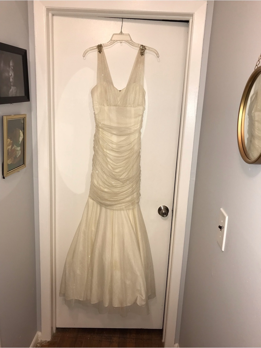 Betsy & Adam Ivory Ruched V-Neck Mermaid Dress